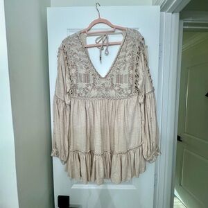 Free People Beige Embroidered Boho Blouse